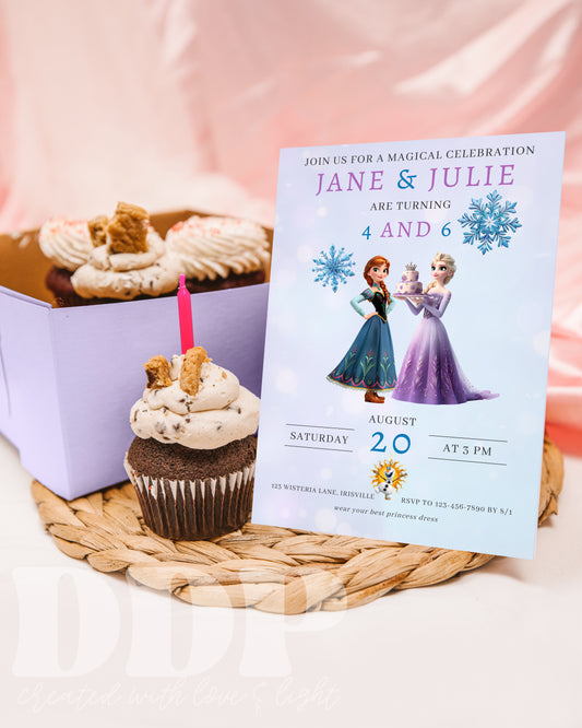 Frozen Inspired Birthday Invitation | Anna Elsa Joint Birthday Invitation | Minimal Disney Frozen Birthday | Girls Princess Sisters Party Invite