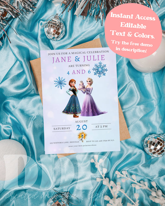 Frozen Inspired Birthday Invitation | Anna Elsa Joint Birthday Invitation | Minimal Disney Frozen Birthday | Girls Princess Sisters Party Invite