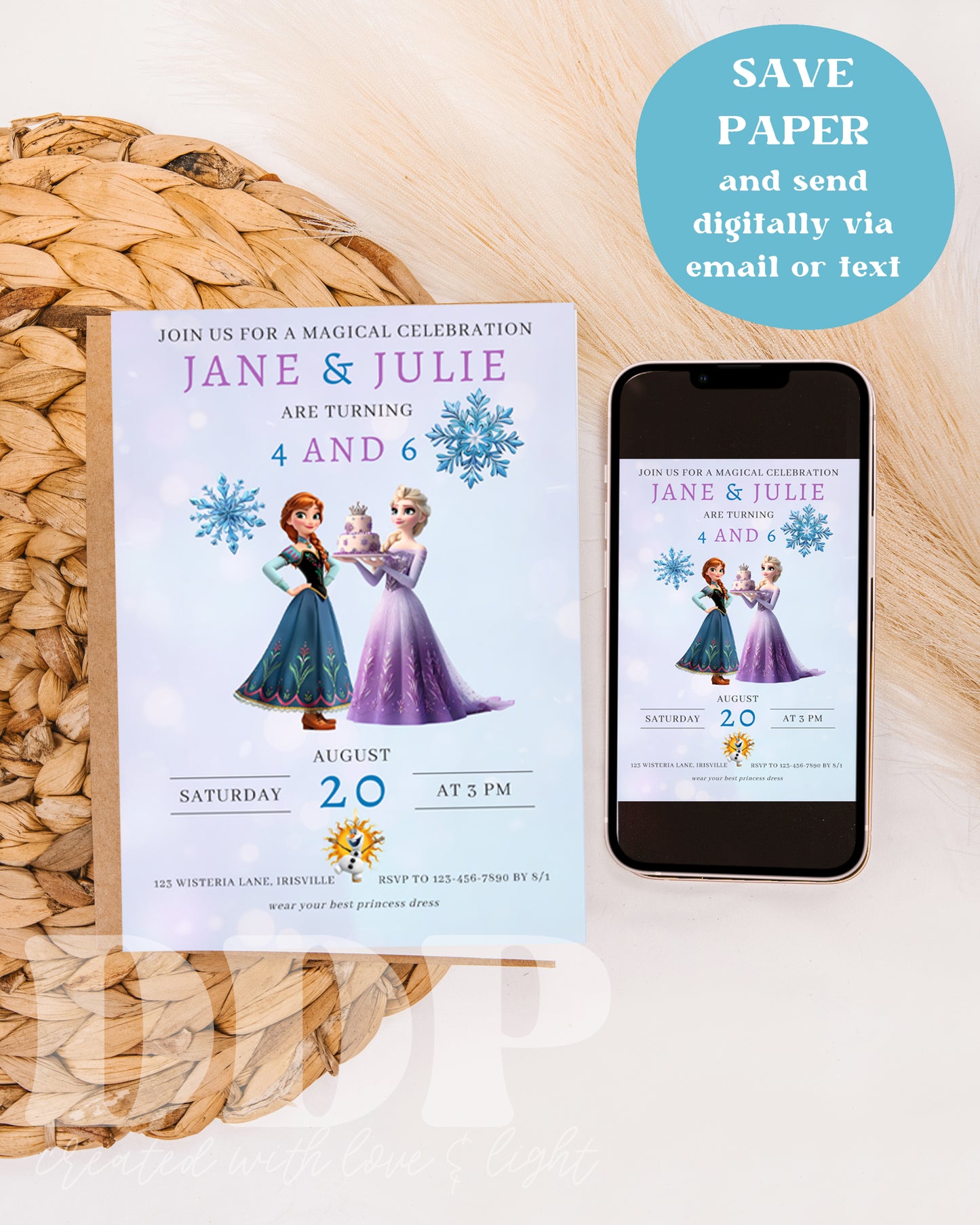 Frozen Inspired Birthday Invitation | Anna Elsa Joint Birthday Invitation | Minimal Disney Frozen Birthday | Girls Princess Sisters Party Invite