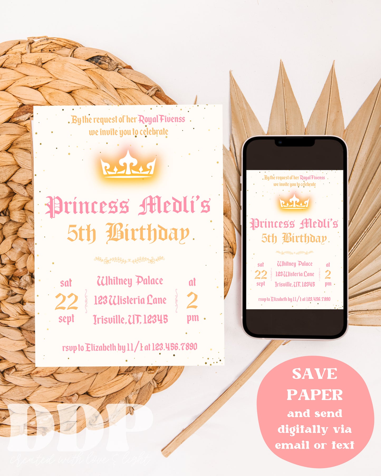 Her Royal Fiveness Invite | Royal Princess Editable Invite Template | Girl Princess Party