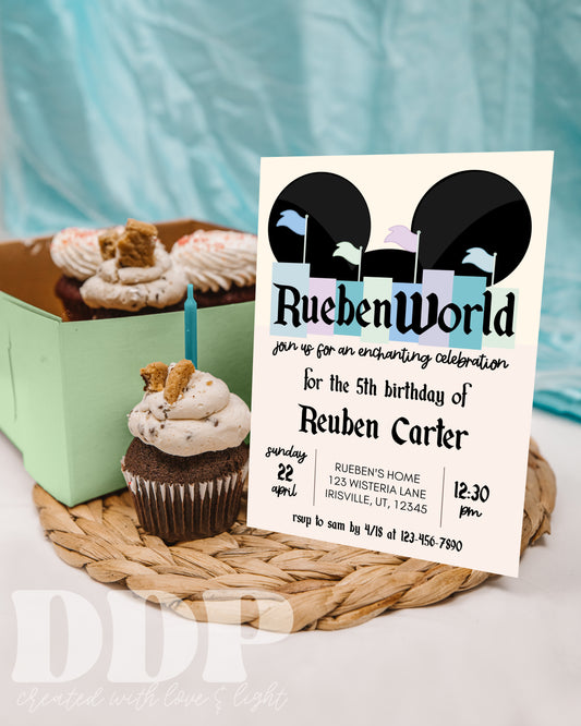 Disneyland Inspired Blue Birthday Invitation | ANY AGE Vintage Disney Park Birthday Editable Invite Template