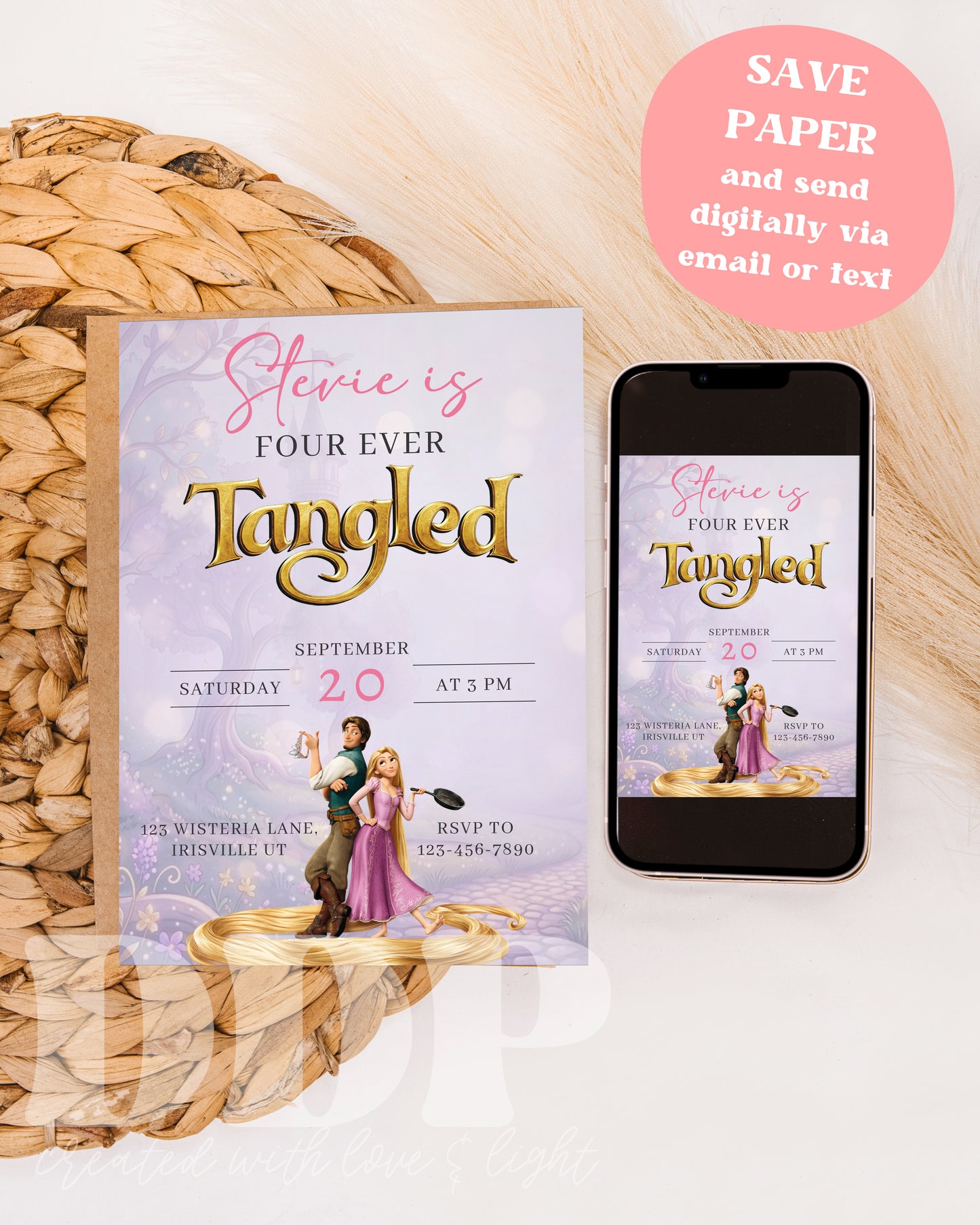 Tangled Rapunzel Birthday Invitation | Rapunzel 4th Birthday | Four Ever Tangled Princess Birthday Invite
