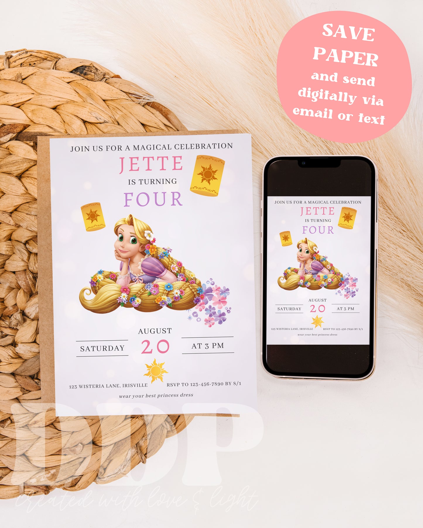 Tangled Birthday Invitation | Minimal Rapunzel Birthday Invite | Tangled Themed Birthday