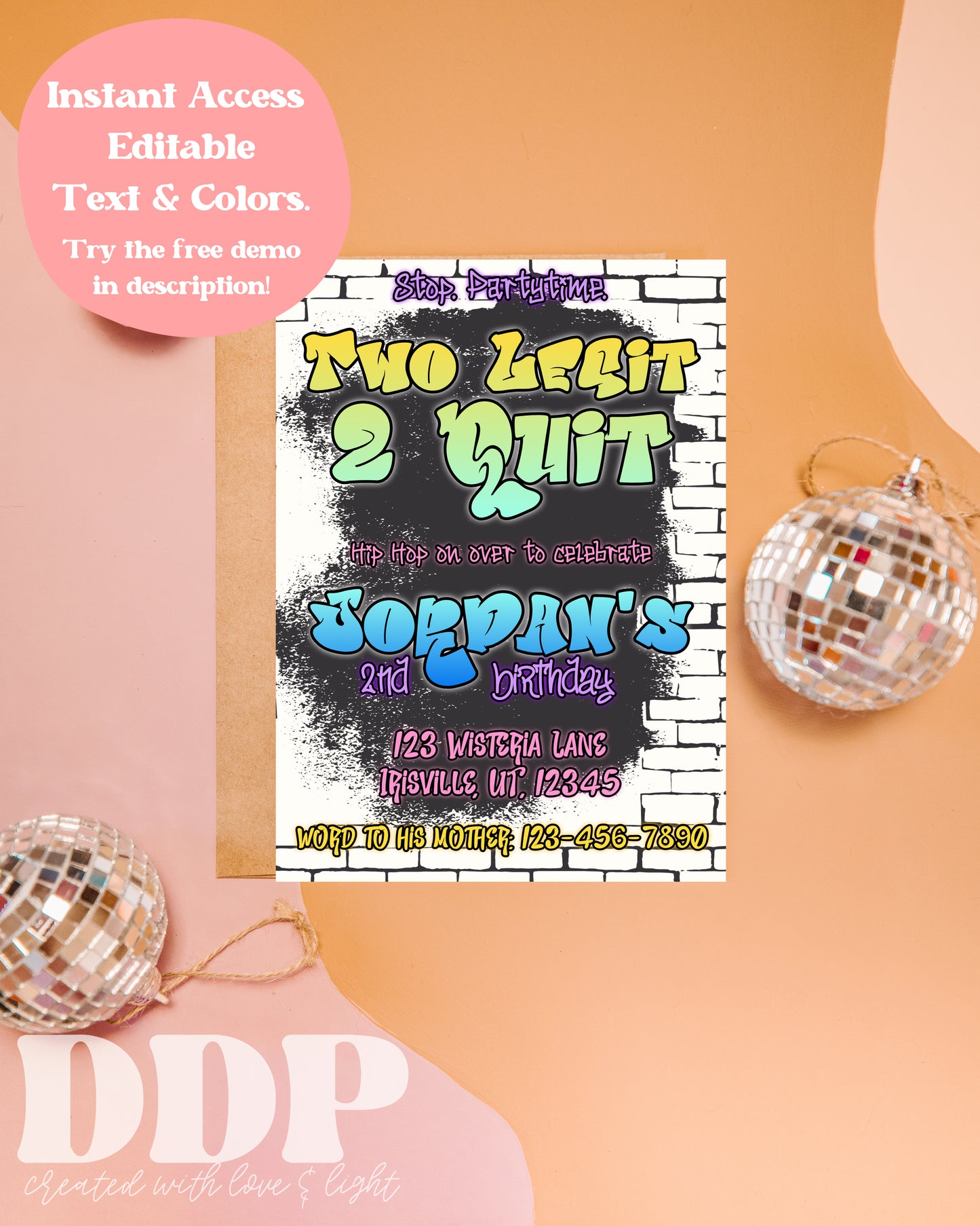 Two Legit 2 Quit Birthday Party Invitation | Two Legit Second Birthday | 2 Legit 2 Quit | 90s Hip Hop Graffiti Invite