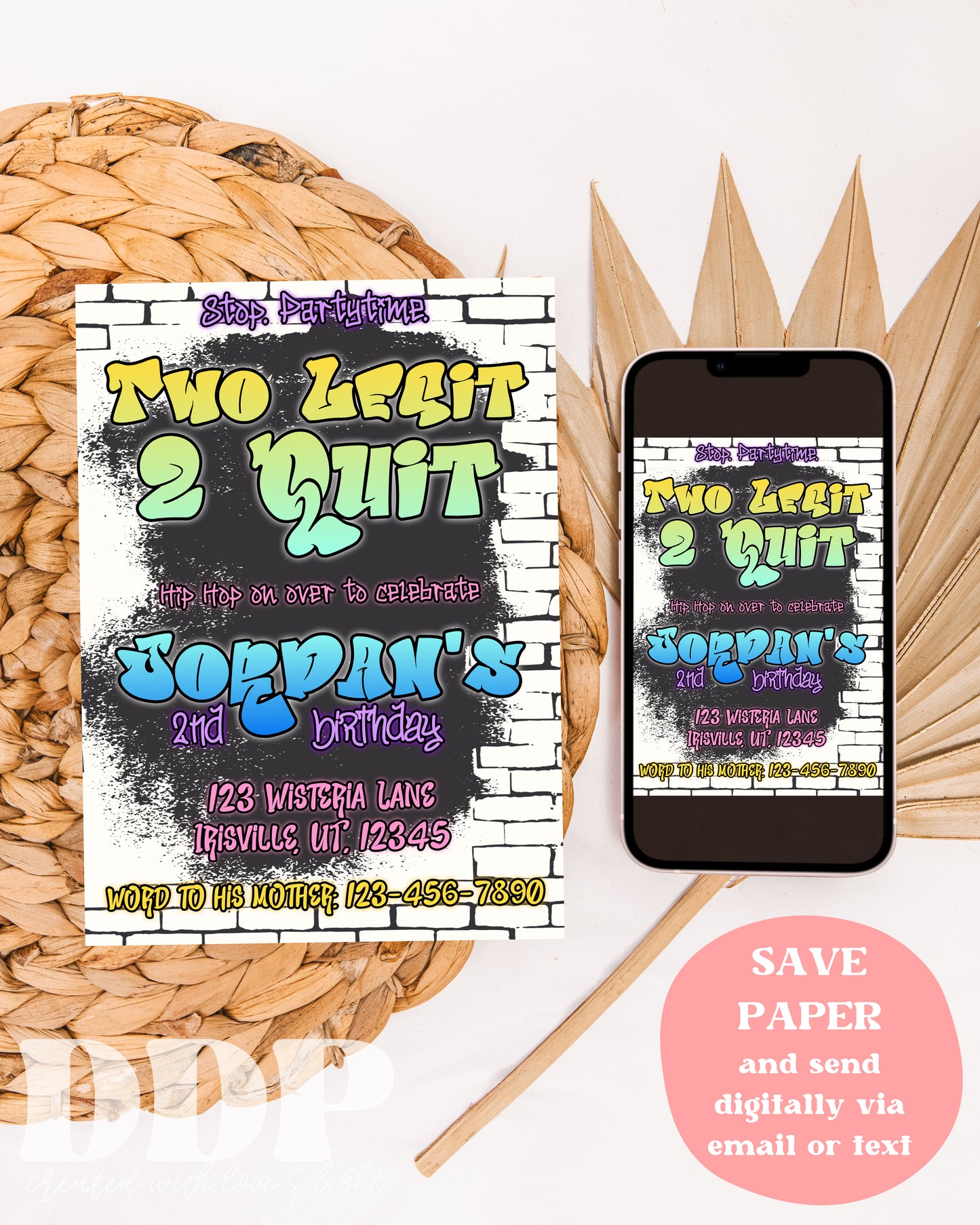 Two Legit 2 Quit Birthday Party Invitation | Two Legit Second Birthday | 2 Legit 2 Quit | 90s Hip Hop Graffiti Invite