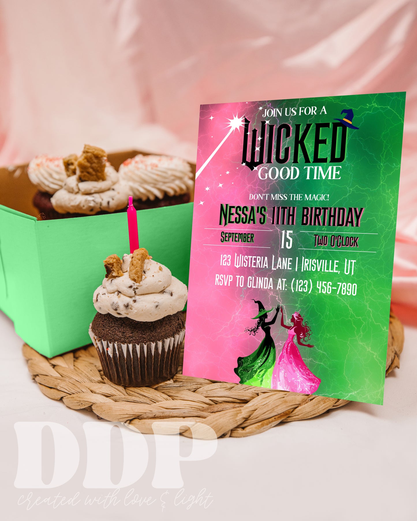 Wicked Birthday Party Invitation | Wicked Inspired Musical Party Invite | Elphaba & Glinda Theme Movie Party | Green Pink Wizard of Oz Theme