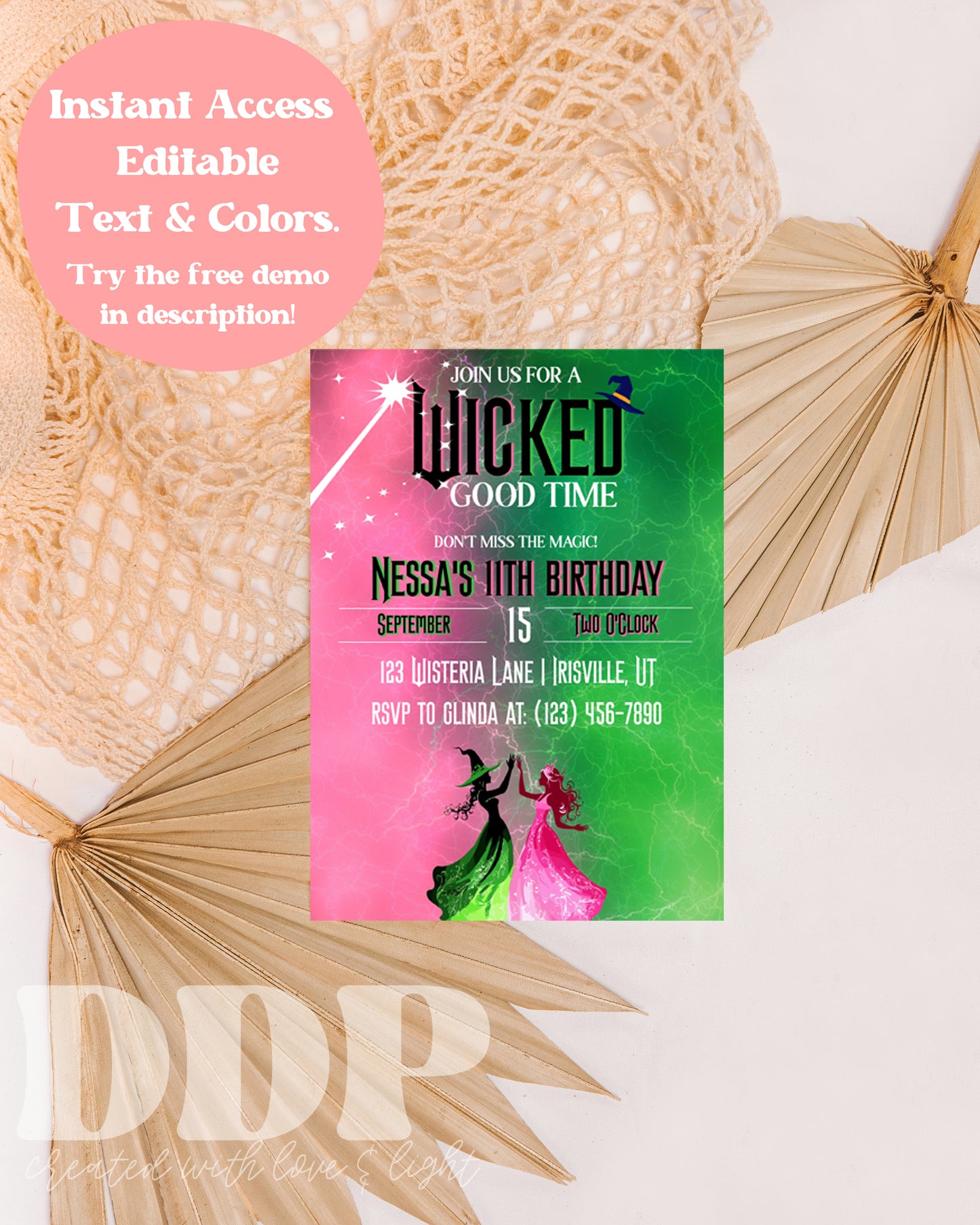 Wicked Birthday Party Invitation | Wicked Inspired Musical Party Invite | Elphaba & Glinda Theme Movie Party | Green Pink Wizard of Oz Theme