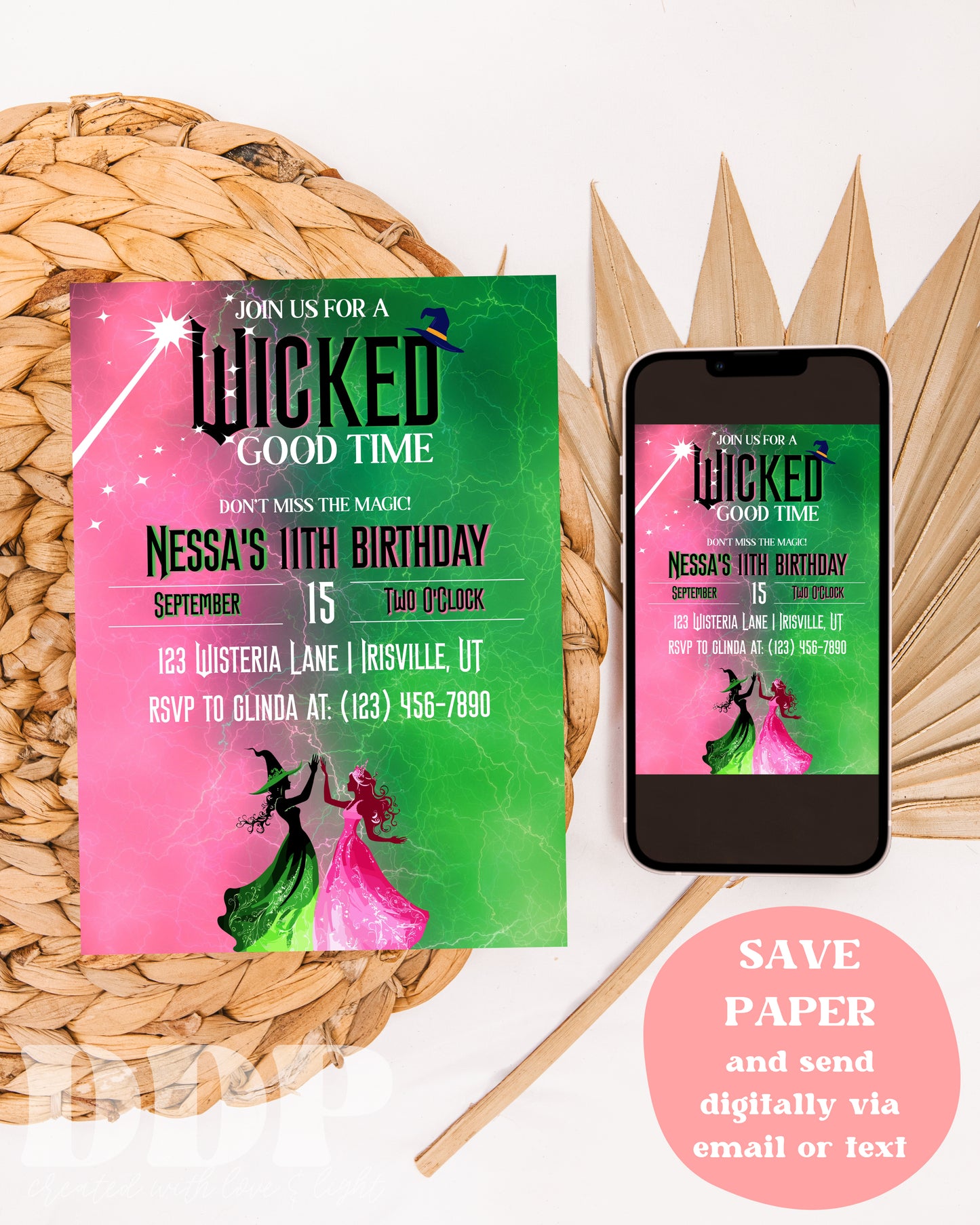 Wicked Birthday Party Invitation | Wicked Inspired Musical Party Invite | Elphaba & Glinda Theme Movie Party | Green Pink Wizard of Oz Theme