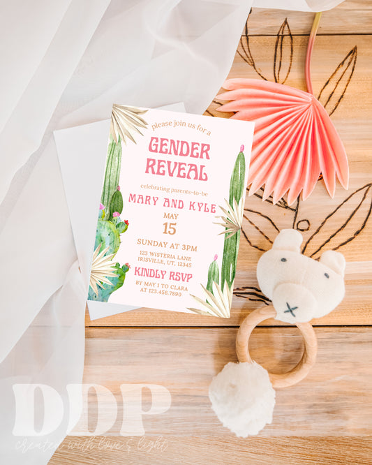 Boho Desert Gender Reveal Invitation | Tropical Cactus Gender Reveal Editable Invite Template