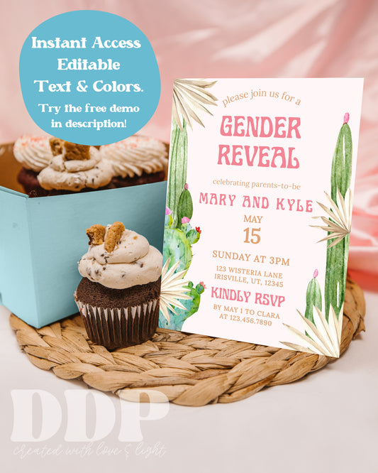 Boho Desert Gender Reveal Invitation | Tropical Cactus Gender Reveal Editable Invite Template