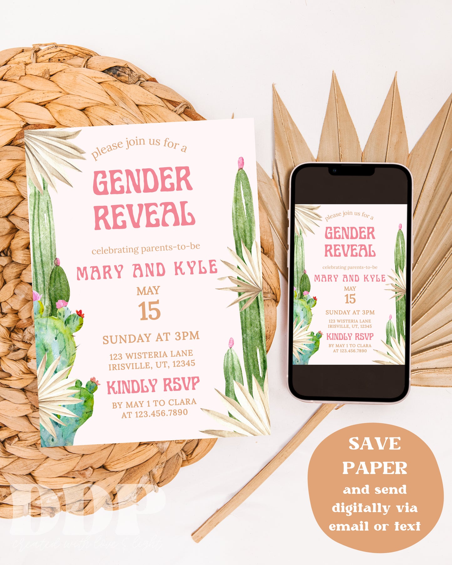 Boho Desert Gender Reveal Invitation | Tropical Cactus Gender Reveal Editable Invite Template