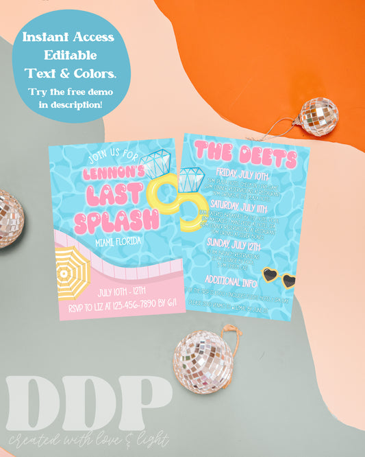 Last Splash Bachelorette Weekend Invitation and Itinerary | Pool Party Bachelorette Party Editable Invite Template