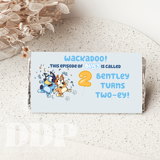 Bluey Chocolate Bar Label | Boys Aussie Dog Birthday Blue Party Decor | Dog-Themed Party Printable Candy Wrapper Template