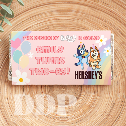 Bluey Chocolate Bar Label | Pink Daisy Blue Dog Birthday Party Decor | Blue Dog-Themed Printable Party Candy Bar Wrapper