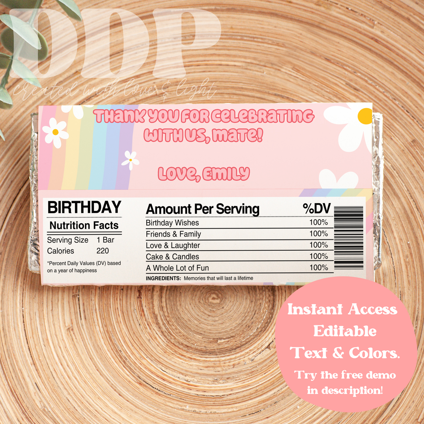 Bluey Chocolate Bar Label | Pink Daisy Blue Dog Birthday Party Decor | Blue Dog-Themed Printable Party Candy Bar Wrapper