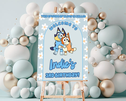 Bluey Daisy Birthday Welcome Sign | Blue Heeler Party Supplies Editable Template