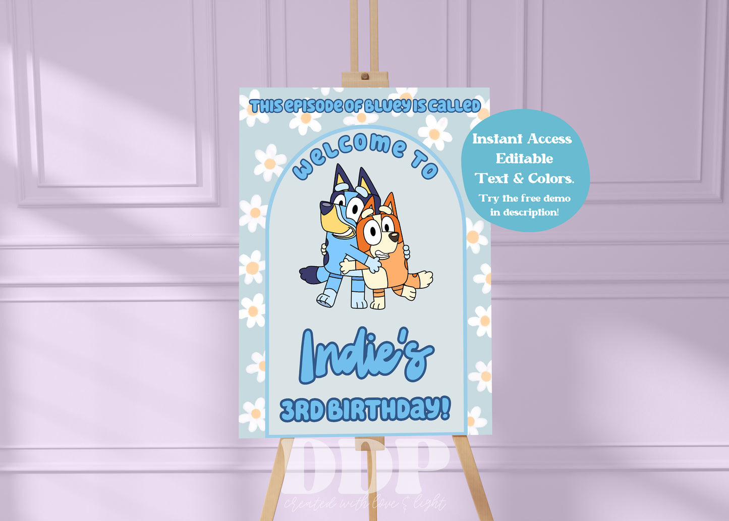 Bluey Daisy Birthday Welcome Sign | Blue Heeler Party Supplies Editable Template
