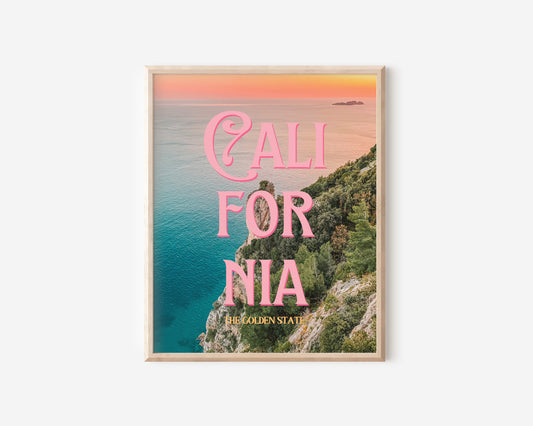 California: The Golden State Art Print | Ocean Cliffs Travel Poster | Digital Wall Art