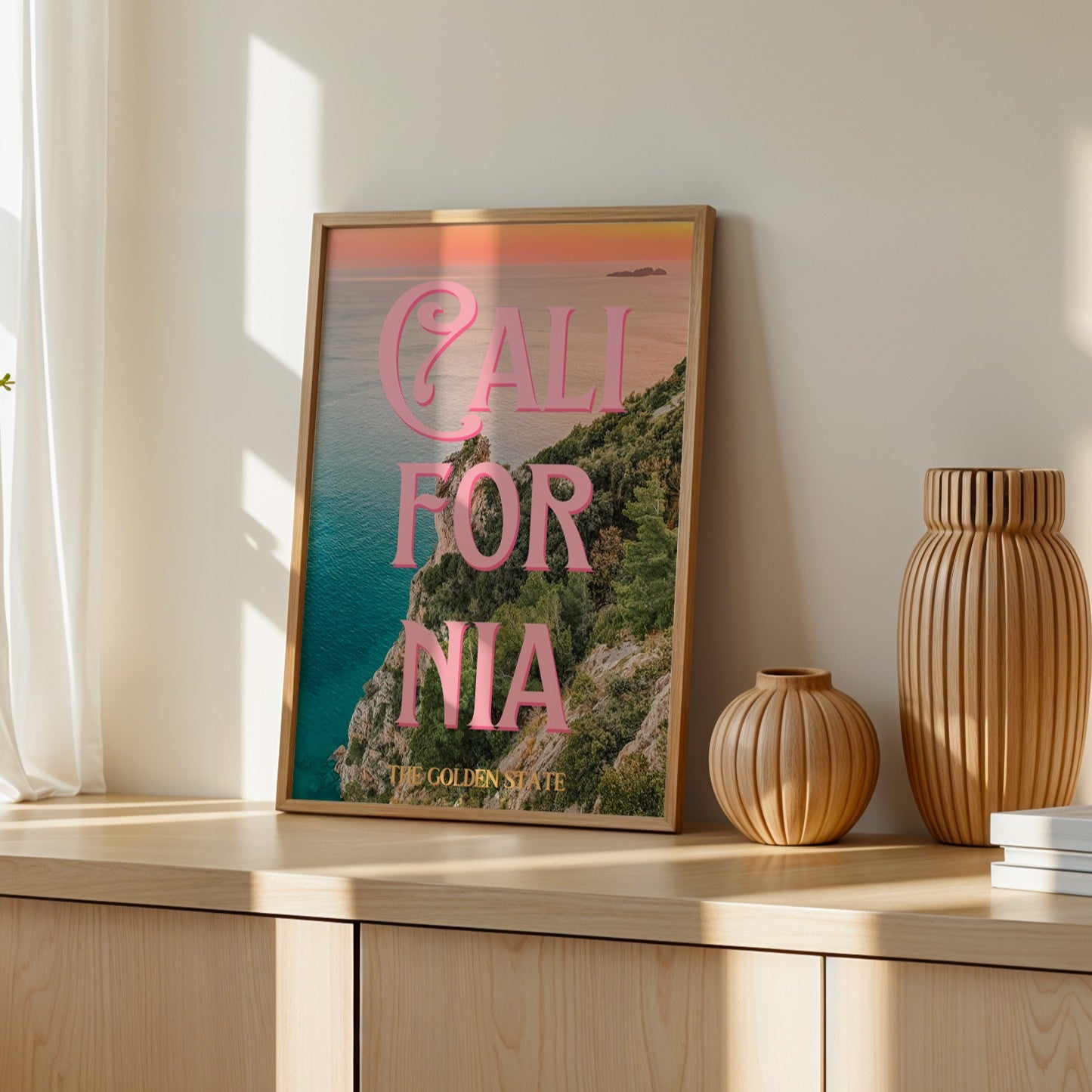 California: The Golden State Art Print | Ocean Cliffs Travel Poster | Digital Wall Art