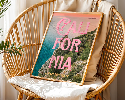 California: The Golden State Art Print | Ocean Cliffs Travel Poster | Digital Wall Art