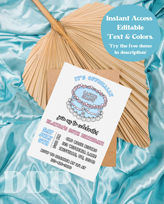 Cancer Season Zodiac Birthday Invitation | ANY AGE Adult Birthday Astrology Editable Invite Template