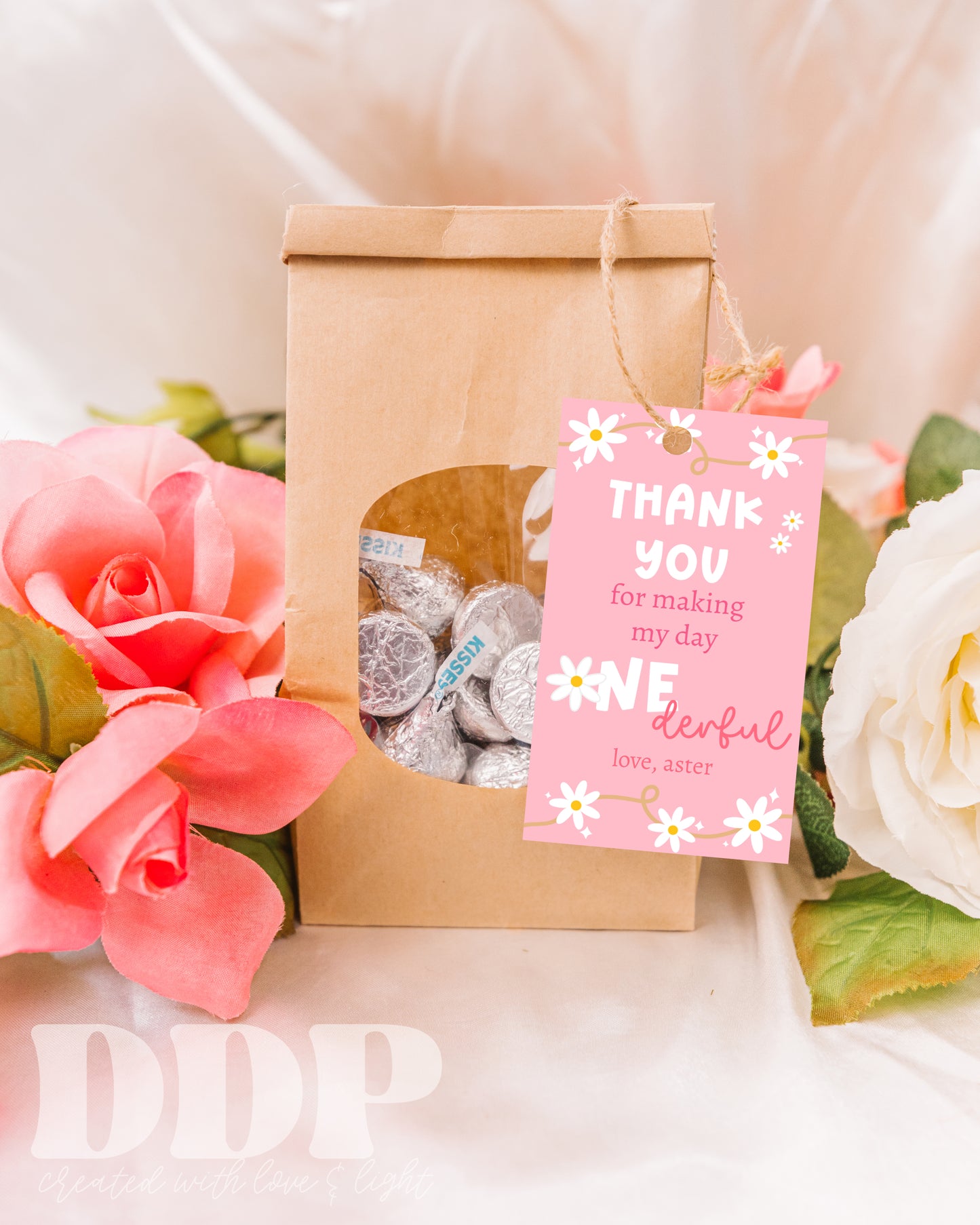 Pink Daisy Chain Birthday Favor Tag Template | Daisy First Gift Label | Pink Daisy First Birthday Editable Gift Tag