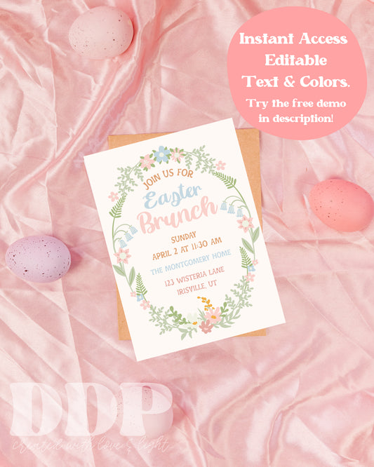 Floral Easter Brunch Party Invitation | Pastel Spring Brunch Editable Invite Template