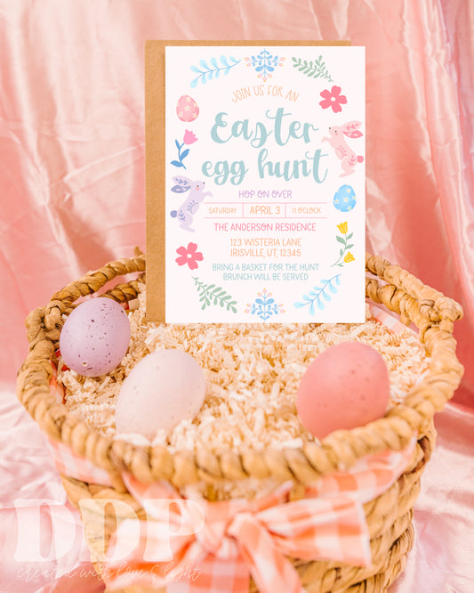 Floral Easter Egg Hunt Party Invitation | Spring Brunch Editable Invite Template