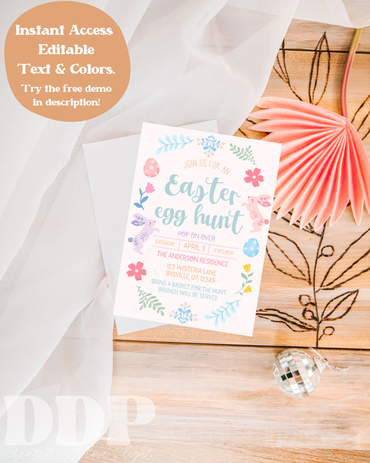 Floral Easter Egg Hunt Party Invitation | Spring Brunch Editable Invite Template