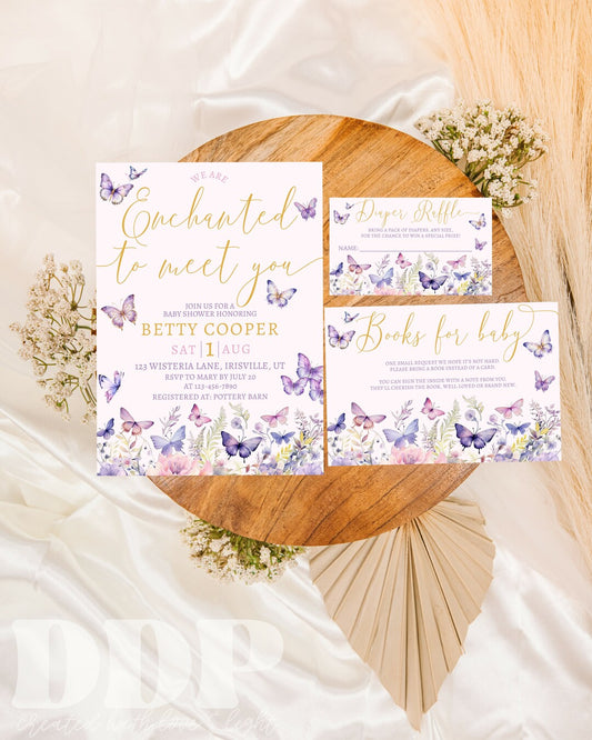 Enchanted to Meet You Baby Shower Invite Set | Girl Baby Shower Butterfly Invite | Butterfly Shower | Wildflower Butterflies Invite Bundle