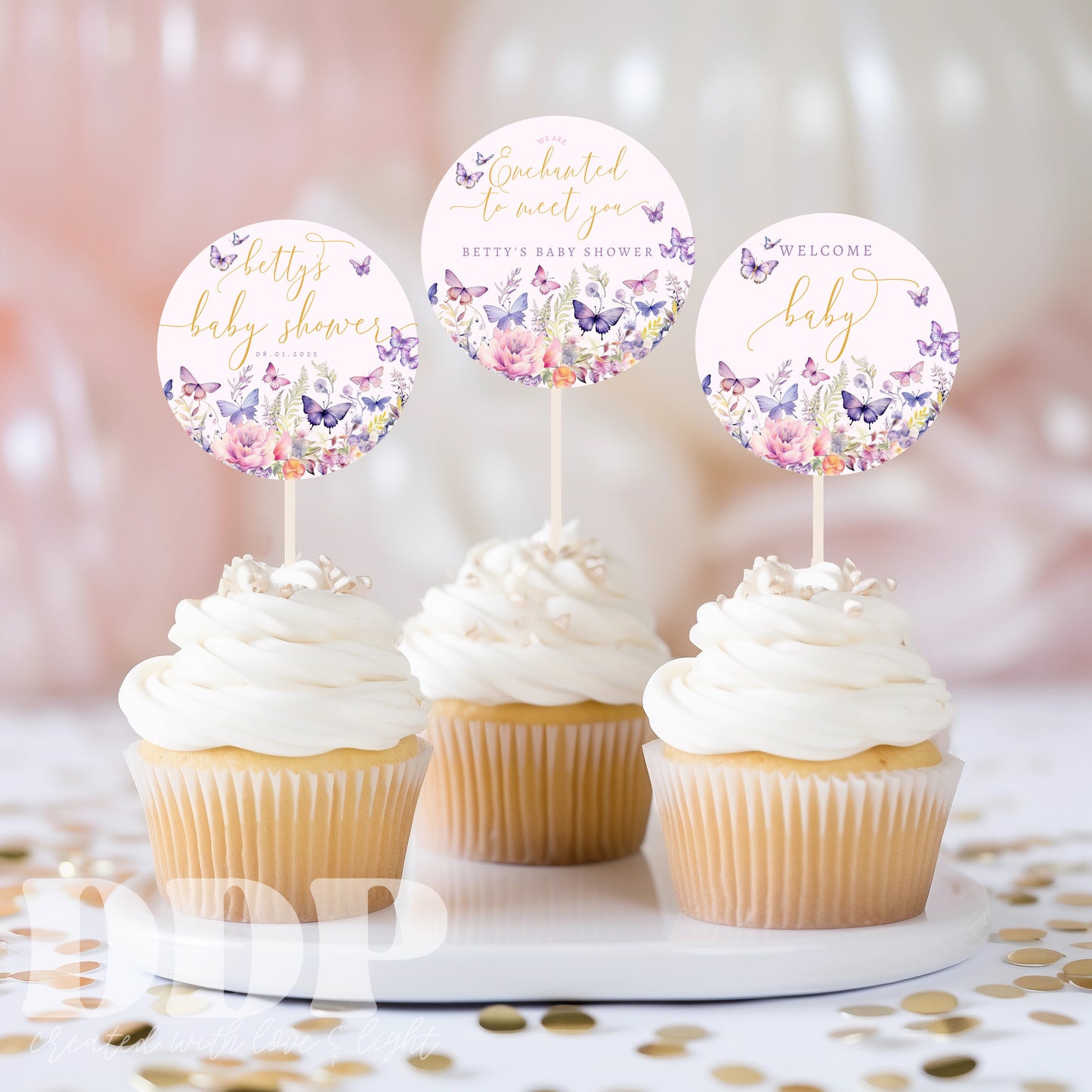 Enchanted to Meet You Baby Shower Cupcake Toppers | Butterfly Wildflower Printable Baby Shower Decor