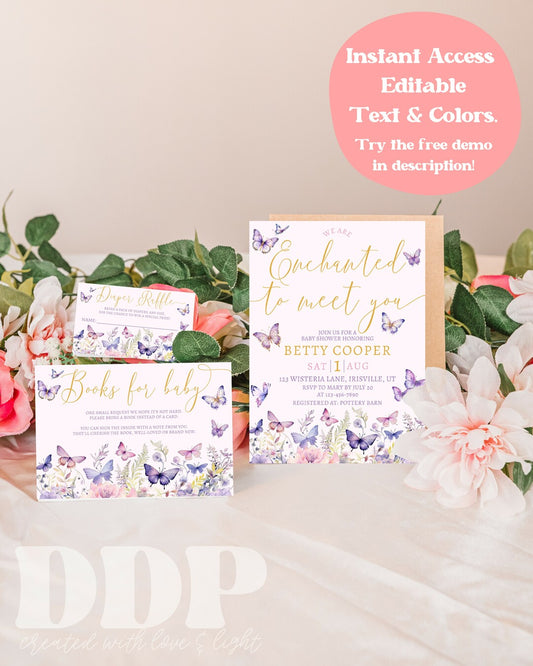 Enchanted to Meet You Baby Shower Invite Set | Girl Baby Shower Butterfly Invite | Butterfly Shower | Wildflower Butterflies Invite Bundle