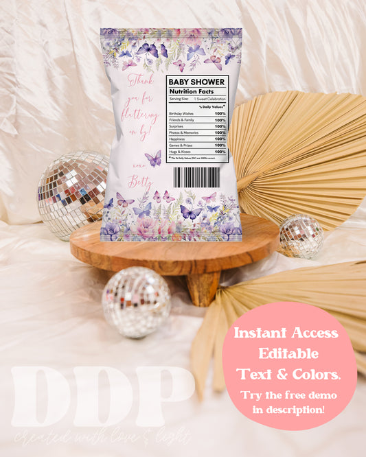 Enchanted to Meet You Baby Shower Chip Bag Label | Wildflower Butterfly Shower Printable Party Decor