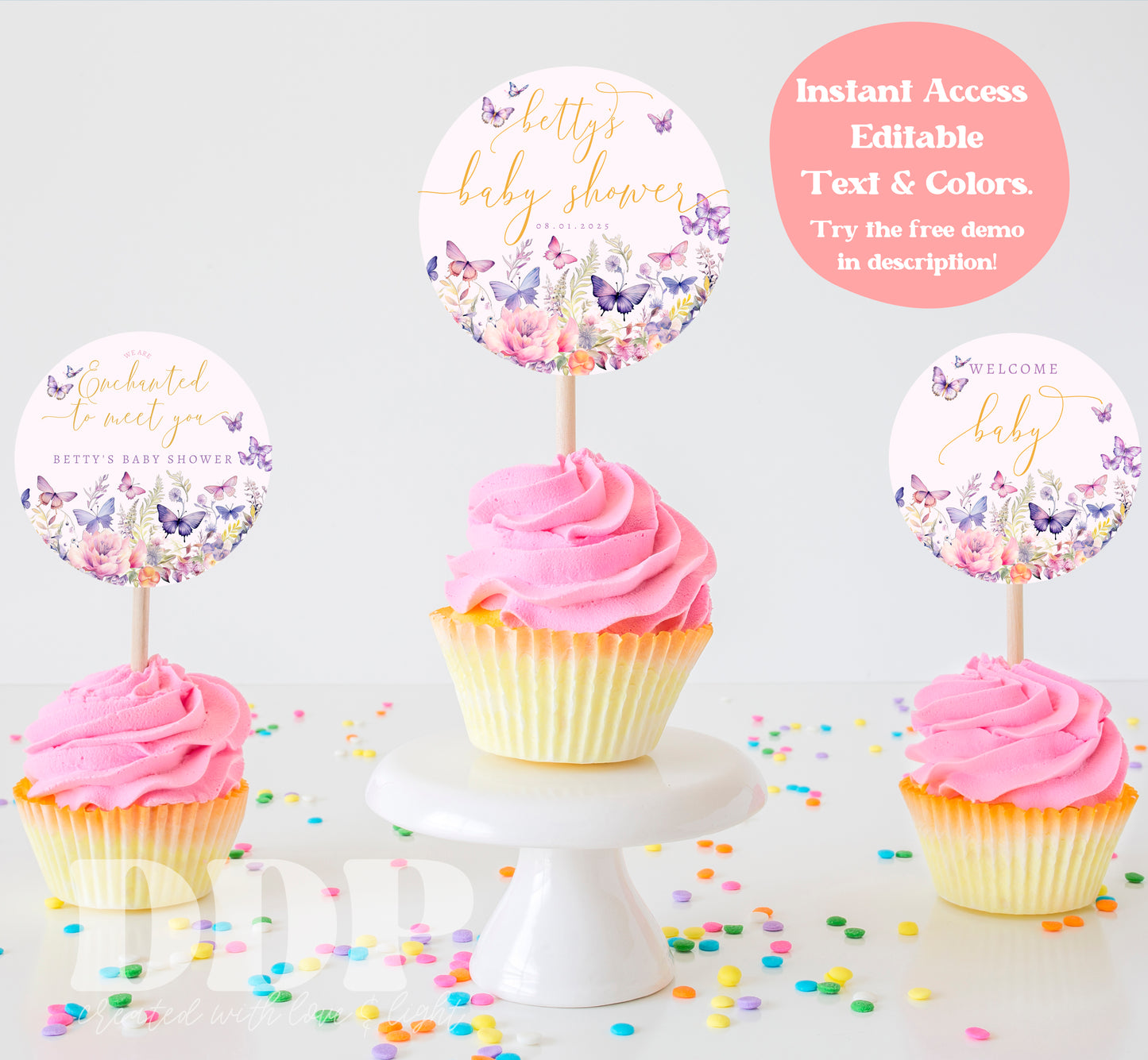 Enchanted to Meet You Baby Shower Cupcake Toppers | Butterfly Wildflower Printable Baby Shower Decor