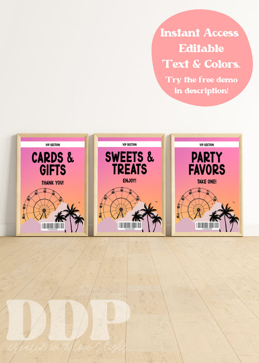 Music Festival Table Signs | CUSTOM FEST VIP Concert Pass Party Decor | Kidchella Birthday Party Table Signs Template