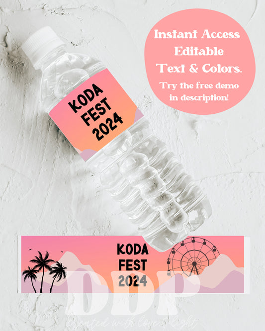 Music Festival Water Bottle Label | CUSTOM FEST VIP Concert Pass Birthday Printable Party Decor