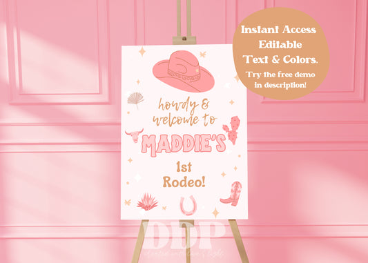 Rodeo Cowgirl First Birthday Welcome Sign | Wild West Desert Printable Birthday Party Supplies