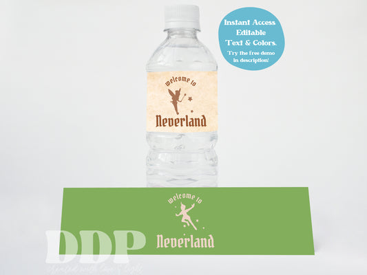 Peter Pan Water Bottle Label | Neverland Printable Party Decor | Never Grow Up Party Editable Water Bottle Label Template