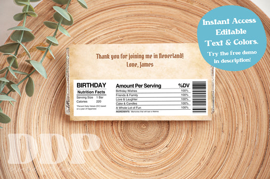 Peter Pan Chocolate Bar Label | Printable Neverland Birthday Party Decor | Never Grow Up Party | Lost Boys | Neverland Candy Wrapper