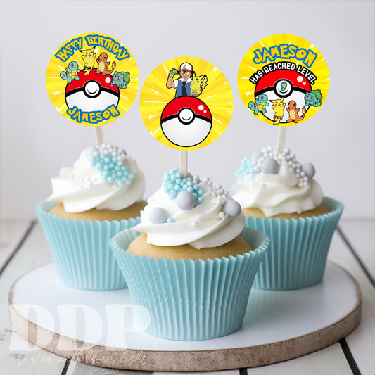 Pokemon Birthday Cupcake Topper | Pokeball Cupcake Topper | Pikachu Card Birthday Boy Printable Party Decor