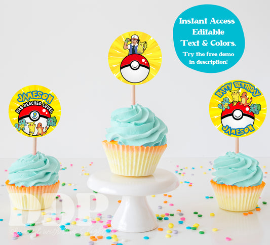 Pokemon Birthday Cupcake Topper | Pokeball Cupcake Topper | Pikachu Card Birthday Boy Printable Party Decor