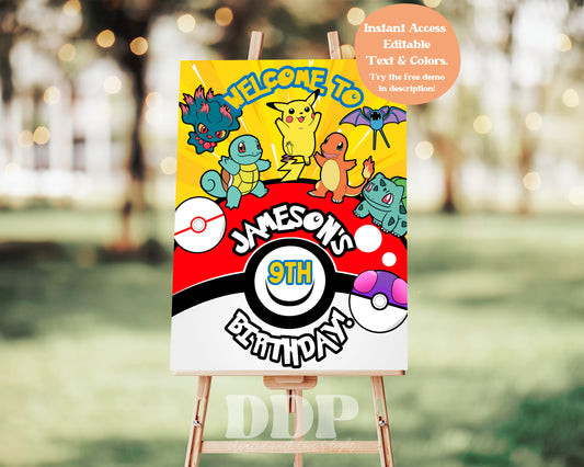 Pokemon Birthday Welcome Sign | Pokeball Printable Party Decor | Pikachu Card Birthday Boy Party Theme