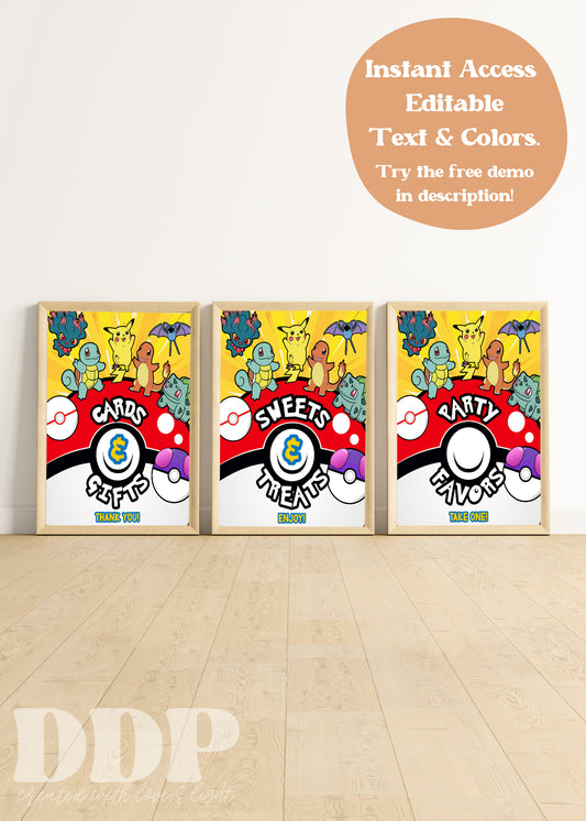 Pokemon Birthday Party Table Sign | Pokeball Printable Party Decor |  Pikachu Card Birthday Boy Table Sign