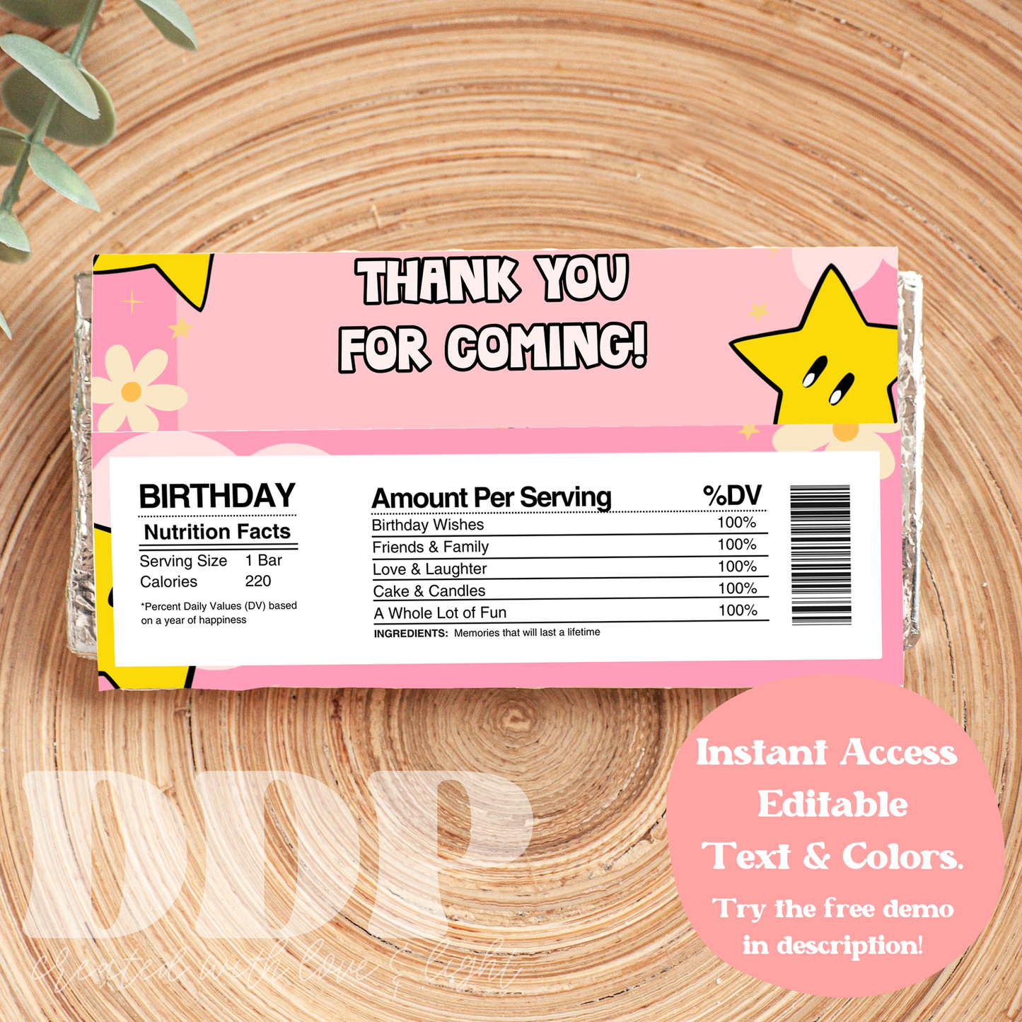 Princess Peach Chocolate Bar Label | Editable Princess Peach Party Decor | Peach Inspired Birthday Party Candy Bar Wrapper Template