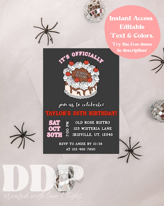 Scorpio Season Birthday Invitation | Scorpio Zodiac Cake Horoscope Invite | ANY AGE Astrology Birthday | Editable Invite Template