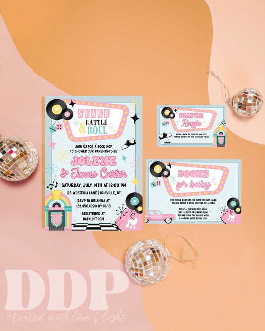 Shake Rattle Roll Baby Shower Invitation Bundle | Sock Hop 50's Retro Diner Invite | Retro 1950's Baby Shower Theme | Fifties Diner