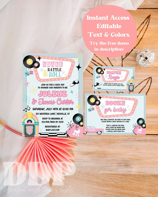 Shake Rattle Roll Baby Shower Invitation Bundle | Sock Hop 50's Retro Diner Invite | Retro 1950's Baby Shower Theme | Fifties Diner