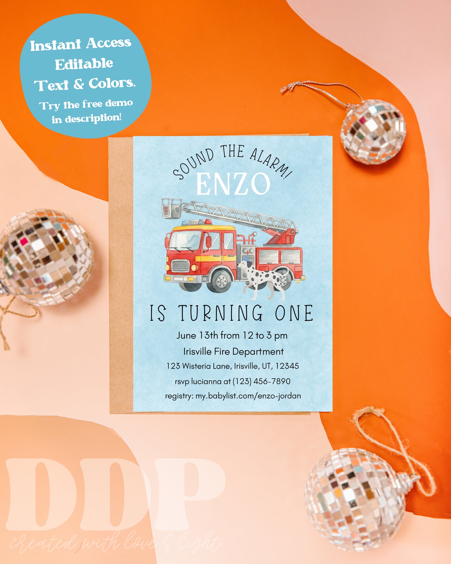 Firetruck Invitation | Firetruck Birthday Invite | Dalmatian Firetruck Sound the Alarm | Fireman Fire Engine Party Evite