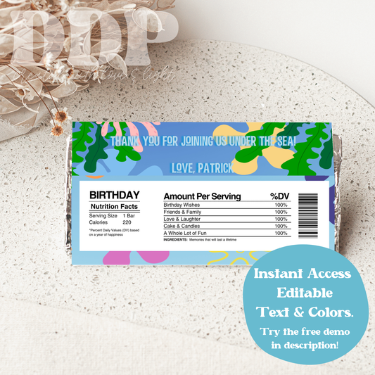 Spongebob Chocolate Bar Label | Printable Colorful Spongebob Party Decor | Editable Under the Sea Birthday Party Candy Wrapper