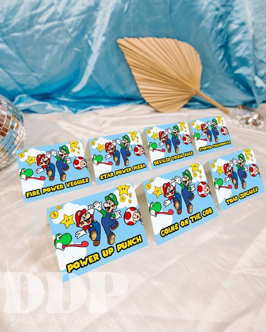 Super Mario Food Tent Label | Super Mario Brothers Birthday Decor Buffet Cards | Mario Brothers Snack Labels